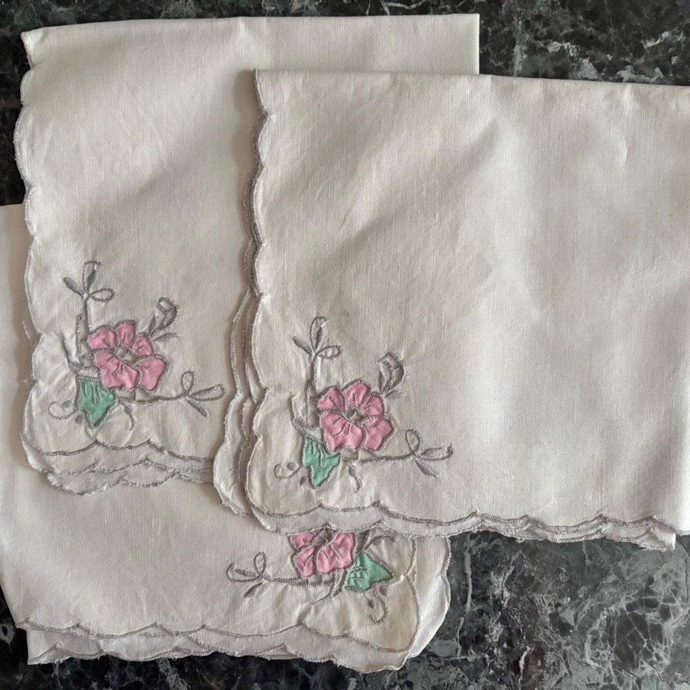 Vintage Embroidered Floral Napkins Set of 3